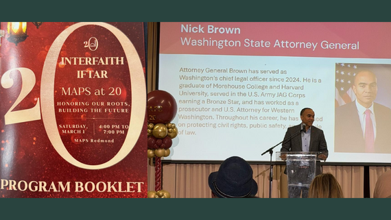 Left: A red program booklet. Right: Washington State Attorney General Nick Brown standing at a podium with a microphone.