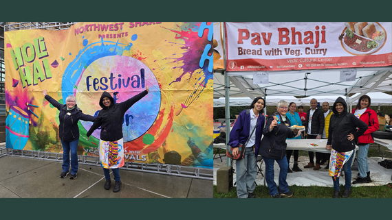 Left: Two woman standing with arms out in front of colorful banner. Right: People gathered in front of Indian food stall.