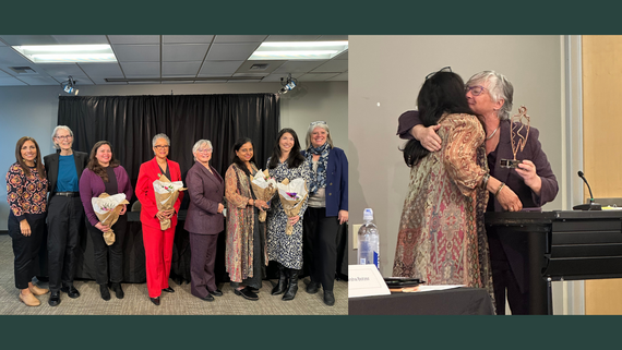 Left: Eight woman in business wear posing for a photo, some holding bouquets of flowers. Right: Two women embracing.
