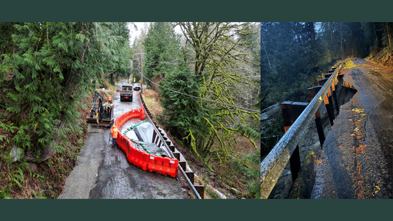 Two photos of a road on the edge of a cliff with chunks broken off.