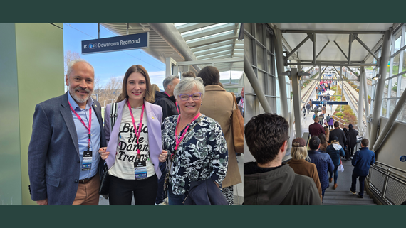 Left: Three people stand and smile on a light rail train platform. Right: A crowd of people walking down stairs at a light rail train station.