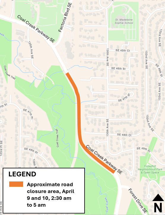Coal Creek Parkway SE road closure area between the Factoria Boulevard SE and Forest Drive SE intersections.