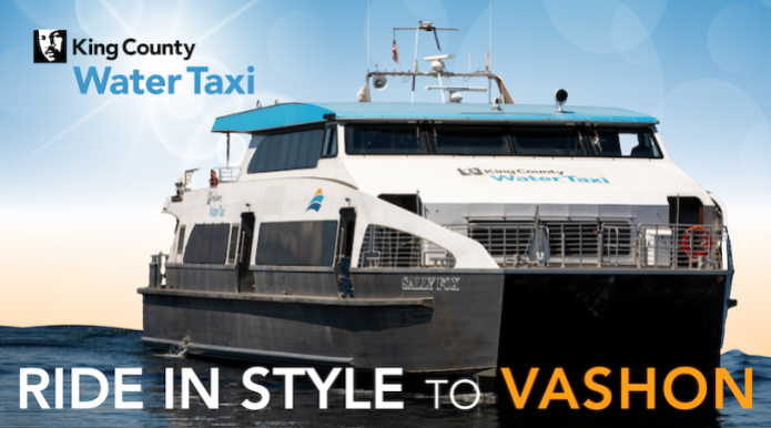 Image of the Water Taxi in the water with the logo and the text "Ride in style to Vashon"