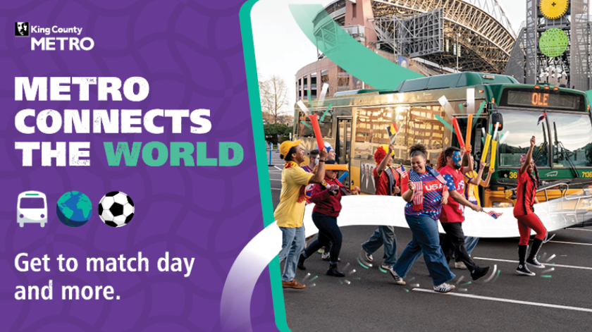 image of a Metro bus and people waling beside it for Century Link text: "Metro Connects the world Get to match day and more"