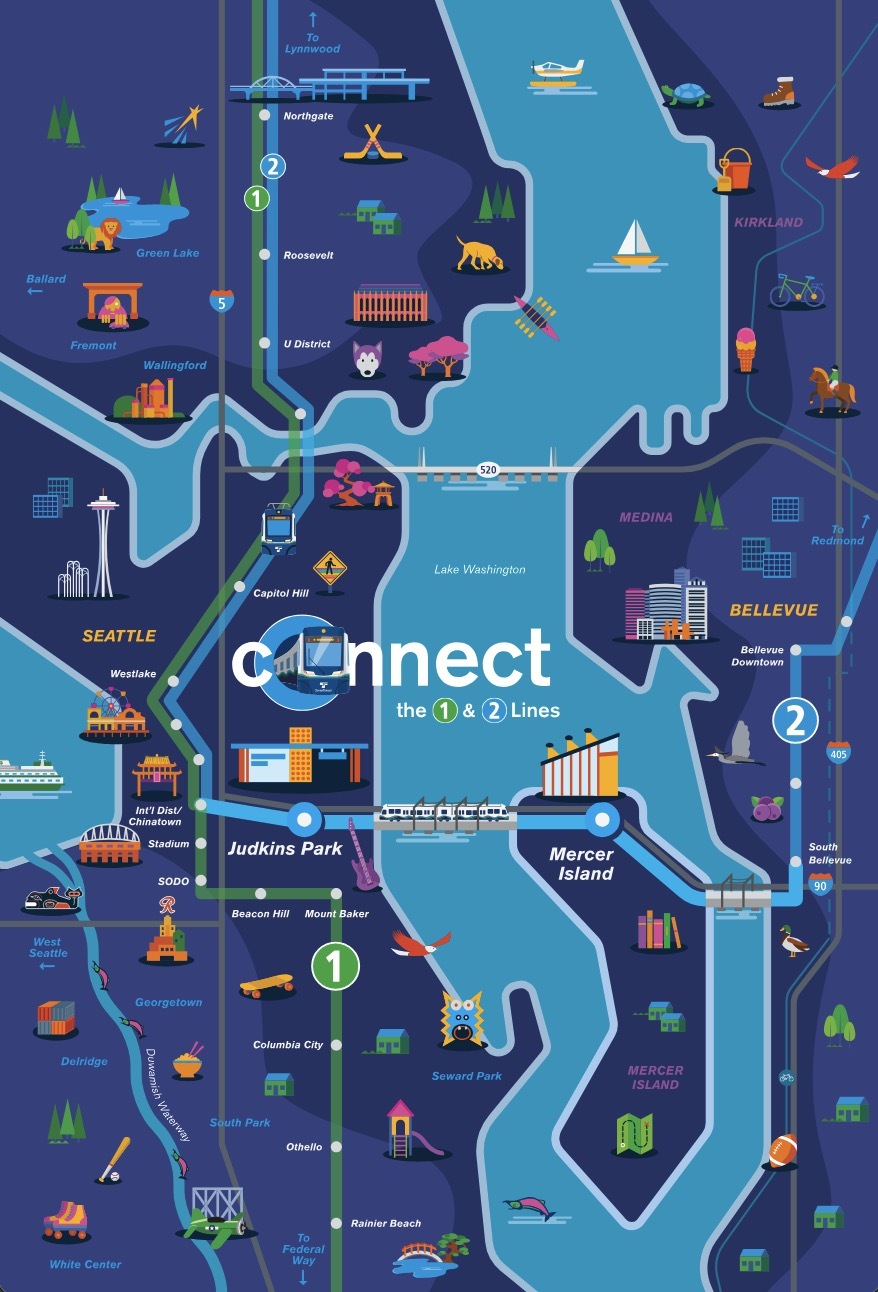 A stylized map of the 1 and 2 lines on a blue background showing the different light rail stations