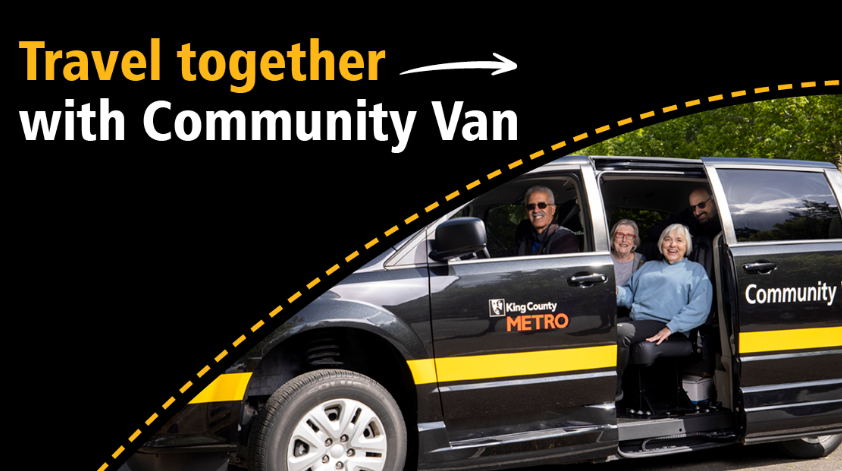 "Travel together with Community Van" with an image of a community van and riders sitting in them