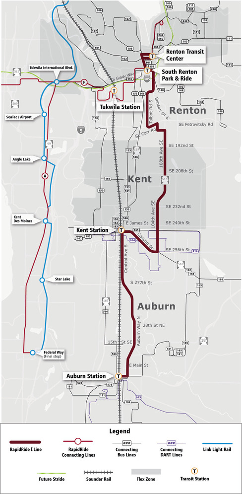 map of I Line route going from Auburn to Kent to Renton