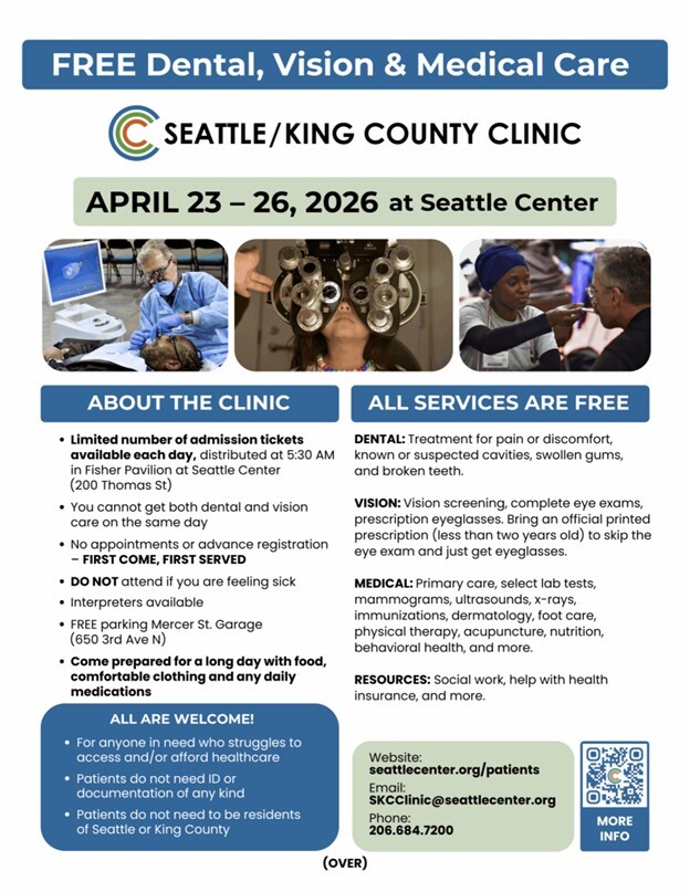 Graphic with information related to the clinic. Information can be found on seattlecenter.org/patients
