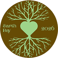 Brown circle with pale tree branches and roots growing out of a heart, Earth Day 2026