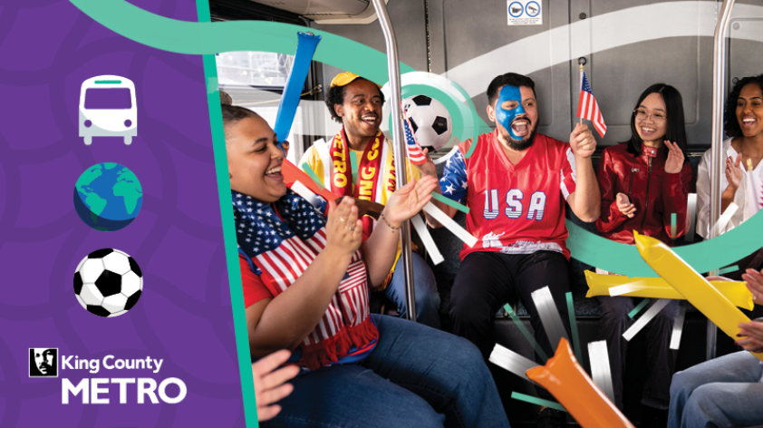 image of soccer fans sitting at the back of the bus. KCM logo and a bus, world, and soccer ball emojis