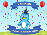 Blue Penguin Emery The Emergency Penguin Party Invitation with red balloons and blue banner