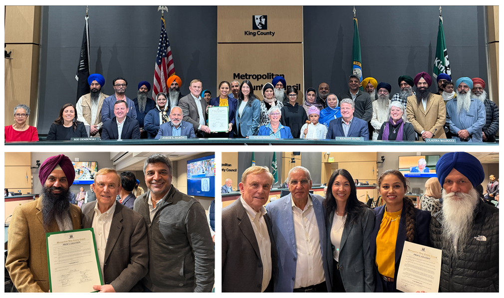 A group of individuals gathers for photo at the King County Council Chambers for the Proclamation of Vaisakhi Day.