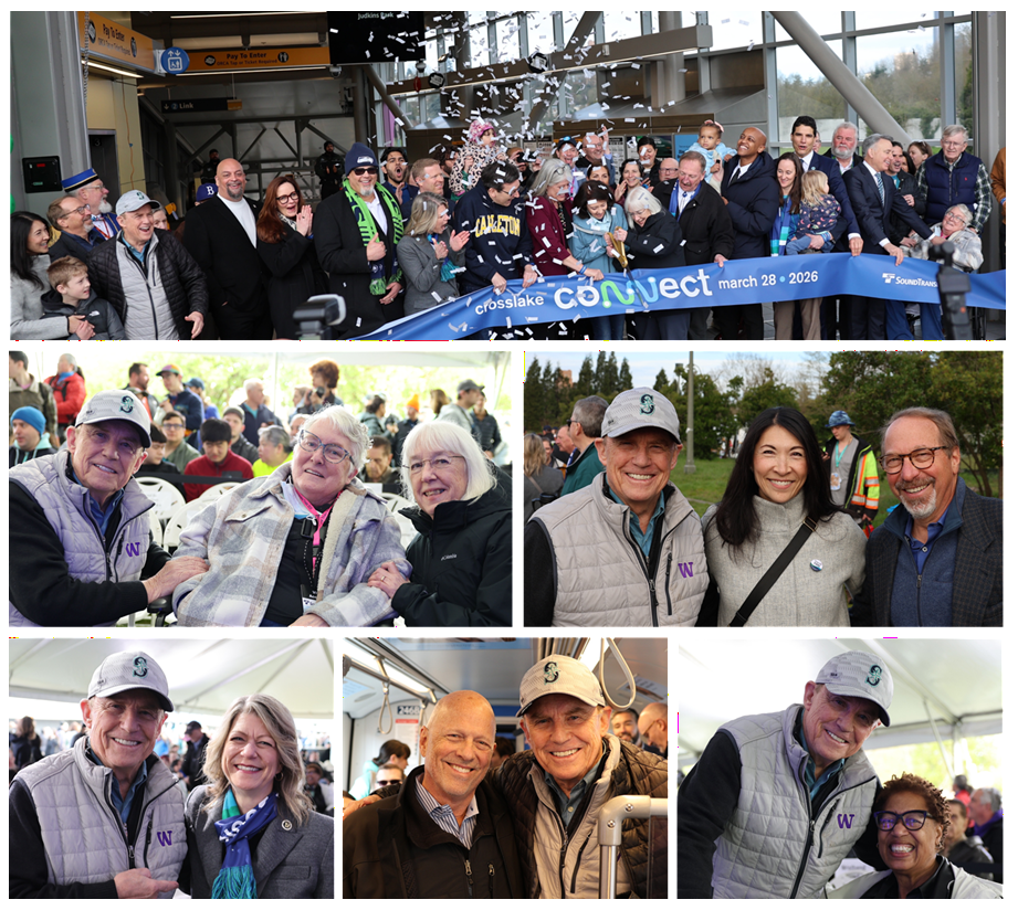 A collage of photos of elected officials at a public ribbon cutting ceremony. The other photos show groups of people smiling and posing for pictures.