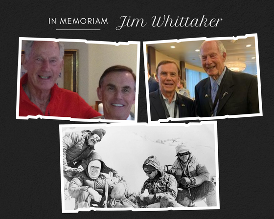 Collage of images in memoriam of Jim Whittaker, and another photo with others on a mountain expedition.