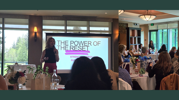 Left: A woman stands in front of a crowd speaking into a microphone. Right: A crowd of women sitting at tables.