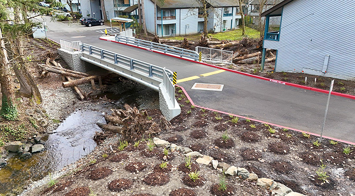 Waterway near homes with wide, planted banks