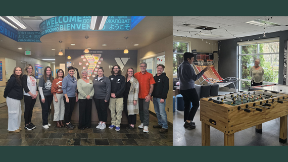 Left: People stand in a line in front of a countertop with the YMCA logo behind. Right: Two women stand conversing over a foosball table.