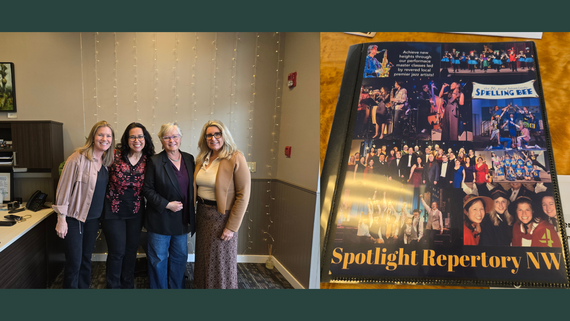 Left: Four women stand smiling with string lights behind. Right: Black binder with photos of musical and theatre performances on the cover.