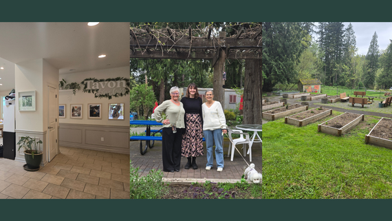 Left: Building interior with a sign reading Tavon Learning Center. Middle: Three women stand in a garden. Right: Garden planting beds.