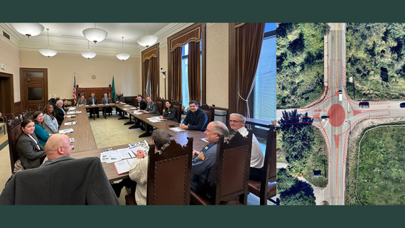 Left: Elected representatives and staff sit around a circle of tables. Right: Red sketch of roundabout over aerial photo of road intersection.