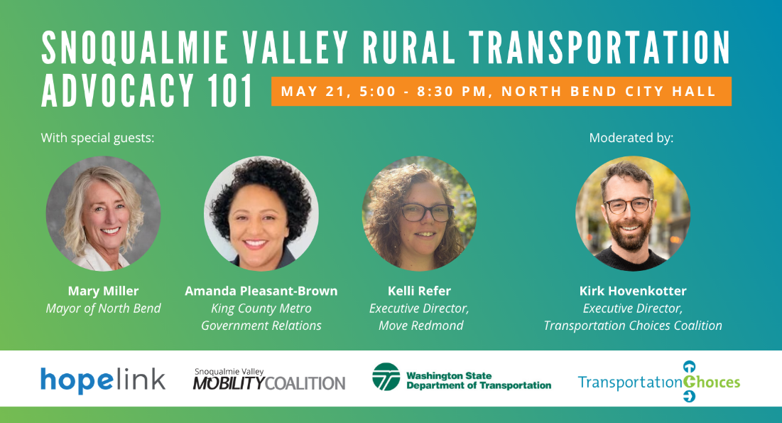 Event flyer with a green to blue gradient background, white title, and four headshots of people.