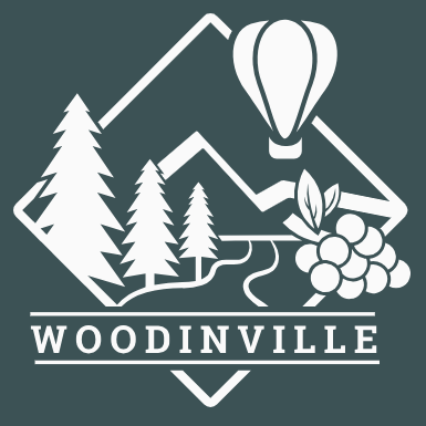 Square logo with dark teal background, white graphics of pine trees, a river, grapes, and a hot air balloon, and white text reading Woodinville.