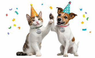 Cat and dog wearing party hats and high-fiving