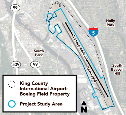 diagram showing outline of airport and pathways for Runway 14R-32L and Taxiway B