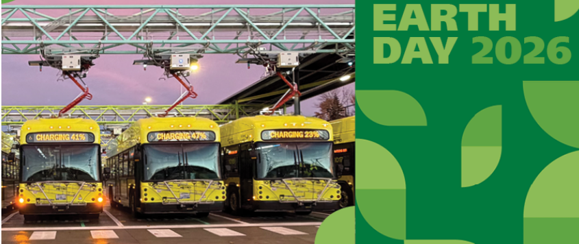 Photo of new electric coaches in charging bays, text reads "Earth Day 2026"