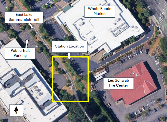 A satellite image of the East Lake Sammamish Trail section between the Redmond Whole Foods and Les Schwab.