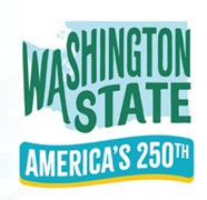 A light blue silhouette of the state of Washington with text reading Washington State on top and America's 250th below.