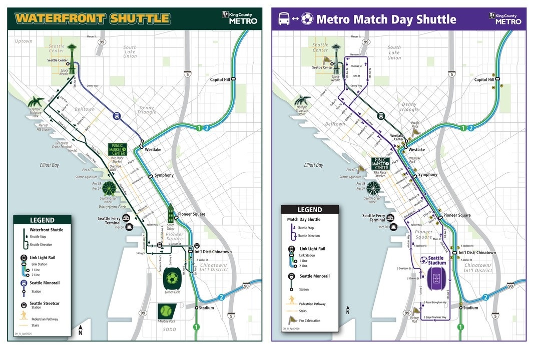 Two maps showing shuttle routes: one green for Waterfront Shuttle and one purple for Metro Match Day Shuttle, with a legend for each.