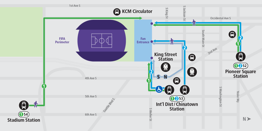 Map showing routes for Sound Transit's preferred routing at Stadium Station with lines connecting to other stations for FIFA World Cup 26 matches.