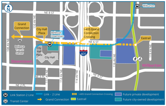 A map of the Grand Connection area with streets in white, land in white, and a yellow line showing the path of the planned Grand Connection