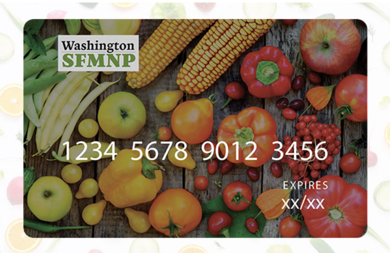 A mock image of a SMFNP card with a name and card number against a background of fresh vegetables