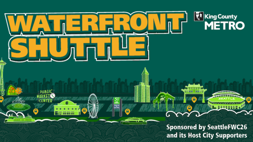 "Waterfront Shuttle" with green images and cartoon of Seattle city landmarks