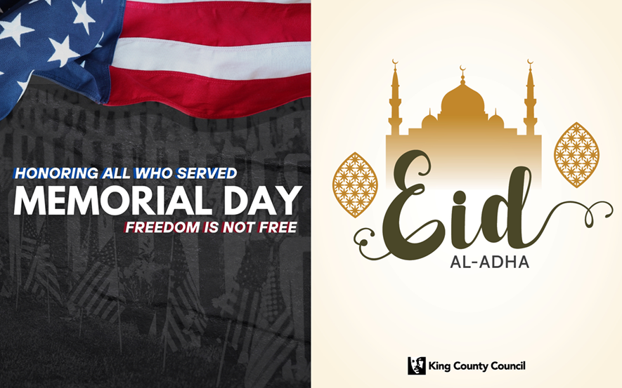 Images of Memorial Day with a US flag "Honoring All Who Served, Memorial Day, Freedom Is Not Free" text & Eid Al-Adha with a mosque silhouette