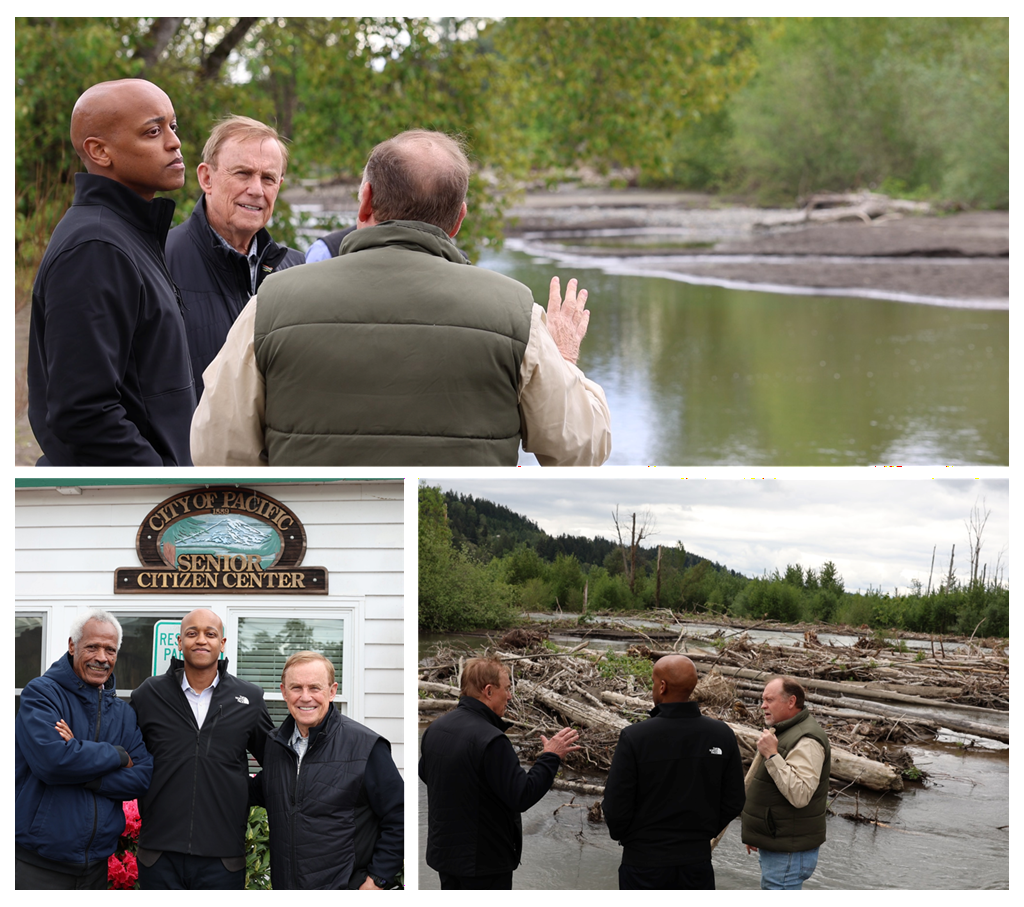 A collage of 3 images with County Executive Zahilay, Councilmember von Reichbauer, and Mayor Kave discussing water levels & debris in the White River.