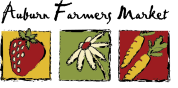 logo for Auburn Farmers Market with a yellow with a red strawberry, green with a white daisy, and red with two orange carrots