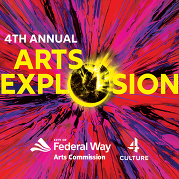 4th Annual Arts Explosion event poster with a vibrant background of pink and purple with a glowing orb. 