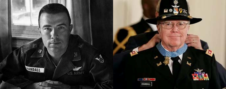 2 Photos of Lt. Crandall: a black & white portrait on the left and a color portrait receiving a the Medal of Honor award on the right.