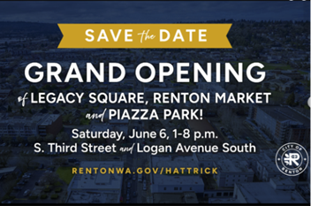 Save the date flyer in dark blue with bird eye view of renton