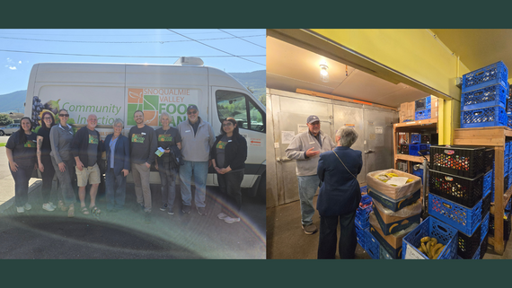 Left: Group of people stand, smiling, in front of a white van. Right: A man and woman speak surrounded by crates of food.