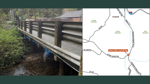 Left: A bridge over a creek. Right: Map with red square identifying the location of Fifteen Mile Creek Bridge.