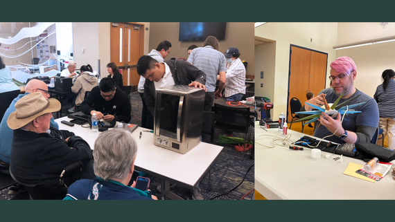 People in a room repairing various household items including a microwave and clock.