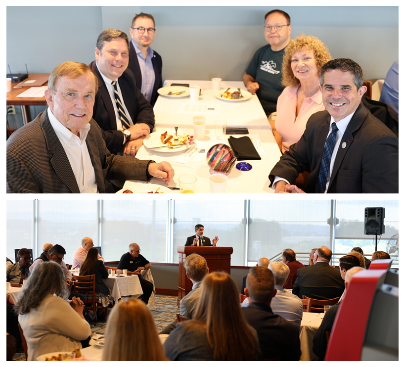 2 images of a group at a table: 1 highlights South King County elected officials & the other features Pierce County Exec. Mello speaking to attendees.