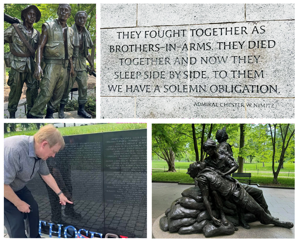 4 images with Councilmember von Reichbauer pointing to Vietnam Memorial Wall, a soldier statue, an etched quote & a sculpture of grieving women.