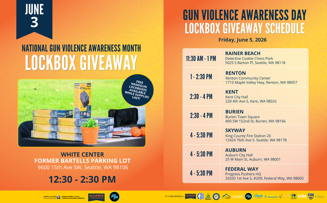Image showing schedule of lockbox giveaway on June 3 in Whiter Center & on June 5 in Rainier Beach, Renton, Kent, Burien, Skyway, Auburn & Federal Way