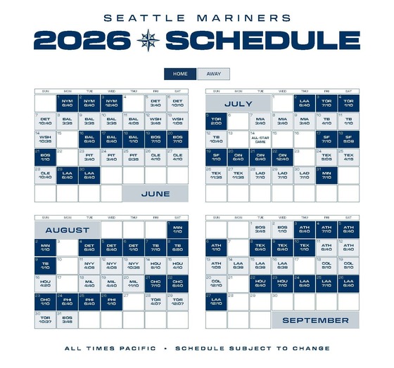 Seattle Mariners 2026 schedule showing games for June, July, August, and September against various teams.