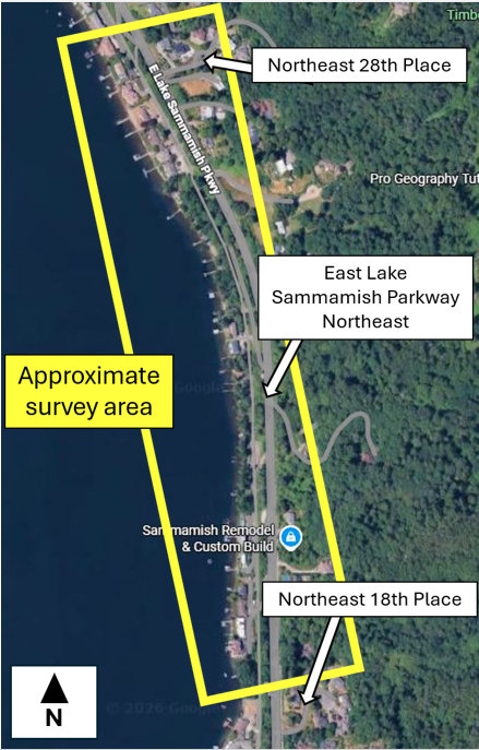 A satellite image of East Lake Sammamish Parkway NE with a yellow box from NE 28th Place to NE 18th place with an approximate survey area callout box